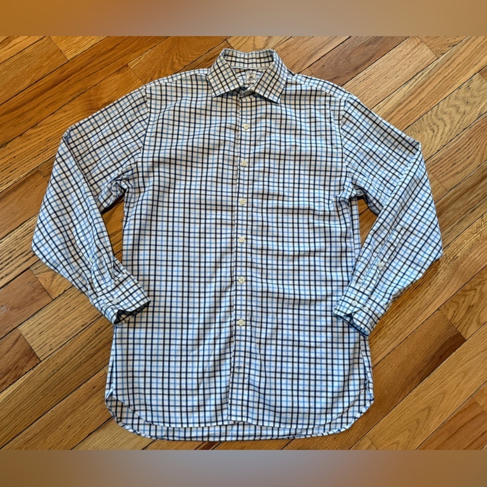 Peter Millar Nanoluxe Easy Care Shirt Blue/White/Brown Check Men Sz M 15.5 Reg - Picture 2 of 12